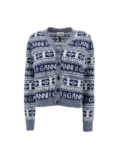 logo wool mix jacquard cardigan blue - GANNI - BALAAN 2