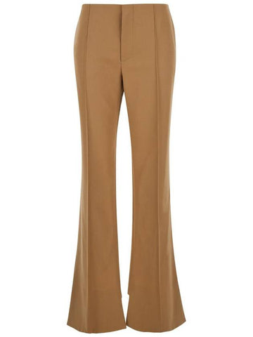 Beige Flared Pants With Asymmetric Hem In Grain De Poudre Wool Woman - CHLOE - BALAAN 1