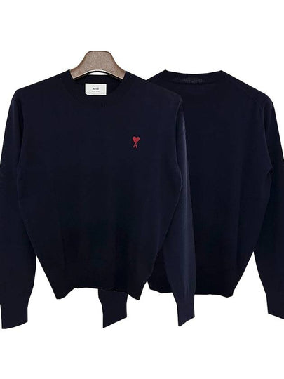 Heart Embroidered Logo Crew Neck Knit Top Navy - AMI - BALAAN 2