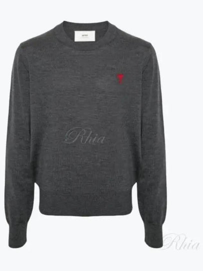 Heart Embroidered Logo Crew Neck Knit Top Grey - AMI - BALAAN 2