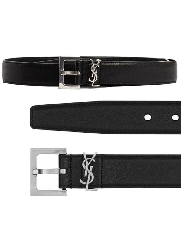 Silver Hardware Monogram Buckle Leather Belt Black - SAINT LAURENT - BALAAN.