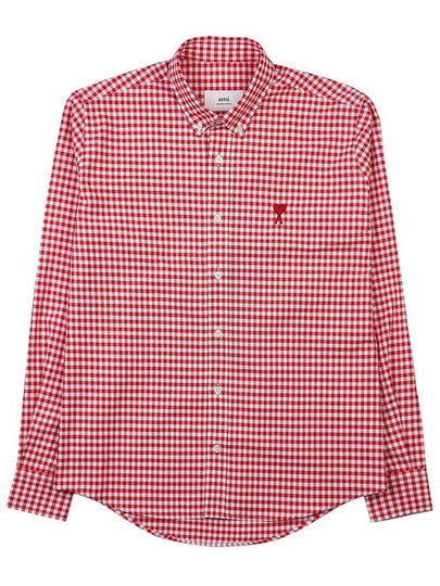 Small Heart Logo Gingham Button Long Sleeves Shirt Red - AMI - BALAAN 2