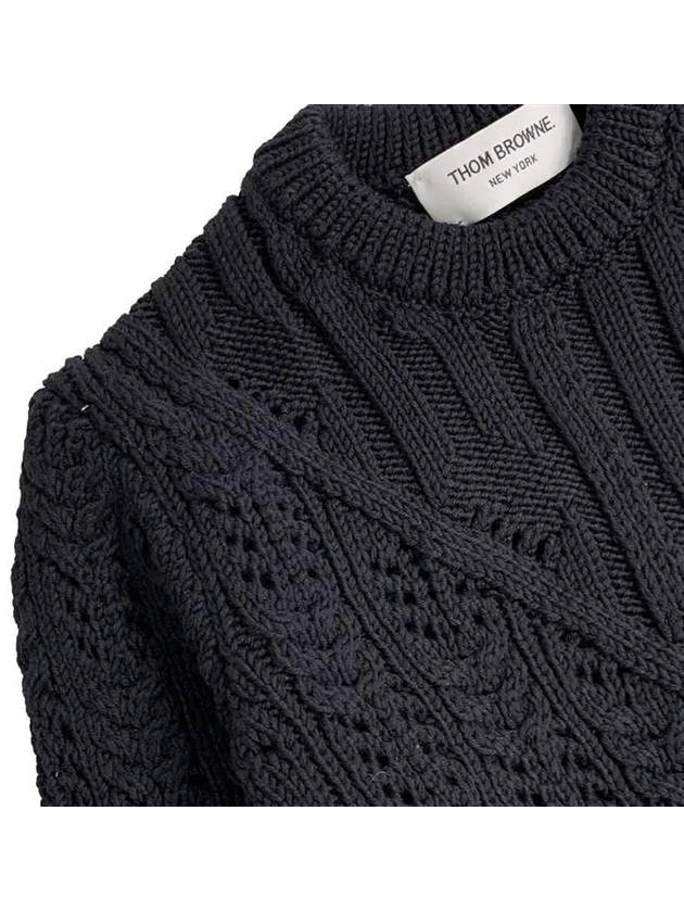 Women's 4 Bar Irish Pointelle Cable Merino Wool Knit Top Navy - THOM BROWNE - BALAAN 7