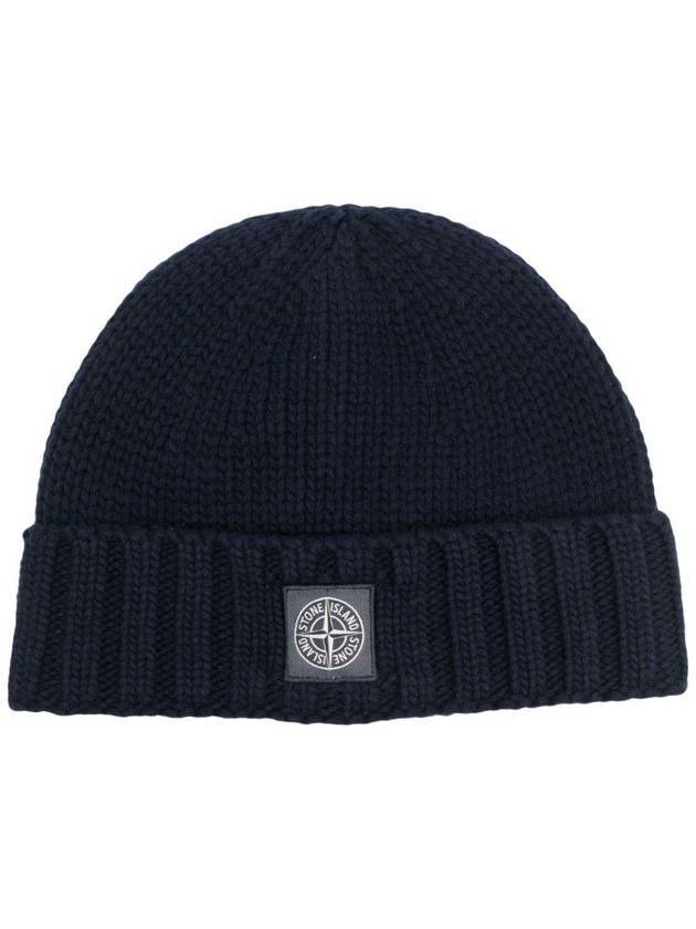 Logo Patch Wool Beanie Navy - STONE ISLAND - BALAAN 1