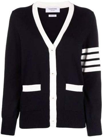 Cotton Hector Pointelle 4 Bar V Neck Cardigan Navy - THOM BROWNE - BALAAN 1