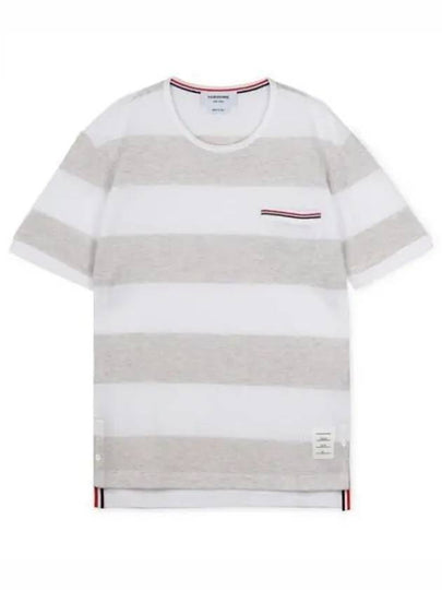 Men's Rugby Striped Pick Pocket Short Sleeve T-Shirt Pale Grey White - THOM BROWNE - BALAAN 2