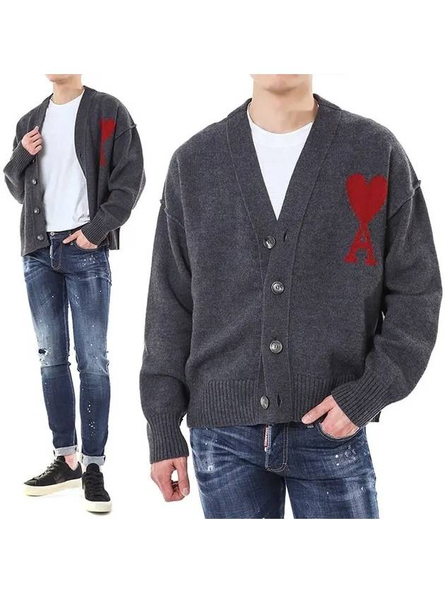 Heart Logo V Neck Wool Cardigan Heather Grey - AMI - BALAAN 2