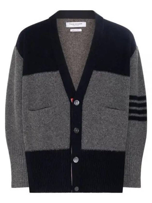 Donegal Diagonal Oversized Colour Block Wool Cardigan Grey - THOM BROWNE - BALAAN 1