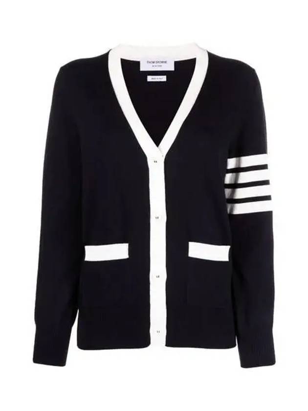 Cotton Hector Pointelle 4 Bar V Neck Cardigan Navy - THOM BROWNE - BALAAN 3