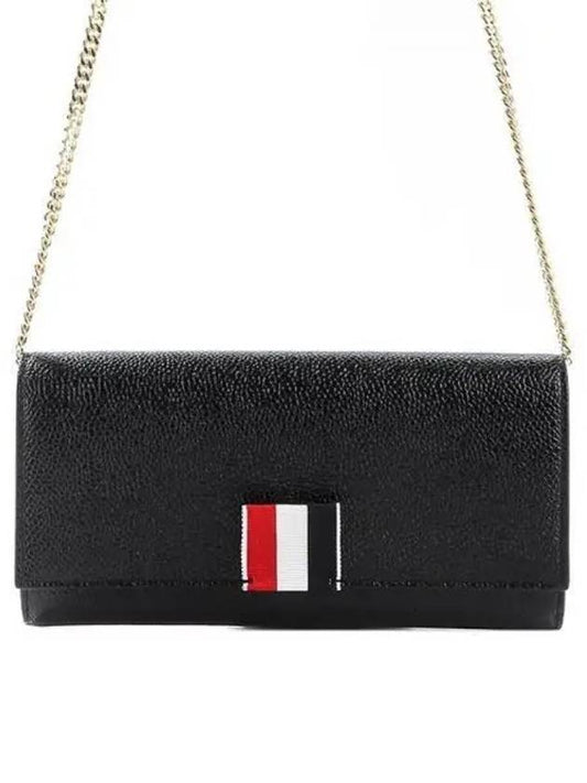 Pebble Grain Leather Wide RWB Grosgrain Flap Chain Long Wallet Black - THOM BROWNE - BALAAN 2