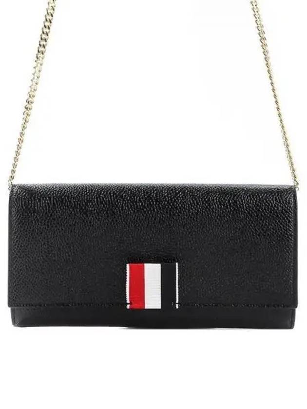 Pebble Grain Leather Wide RWB Grosgrain Flap Chain Long Wallet Black - THOM BROWNE - BALAAN 2