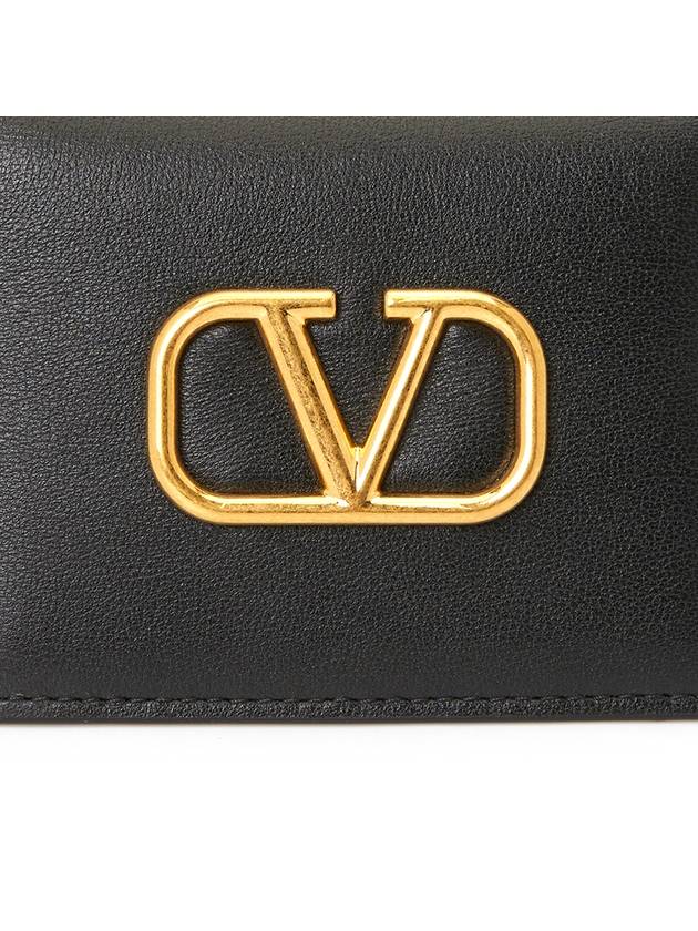 V Logo Signature Leather Card Wallet Black - VALENTINO - BALAAN 7