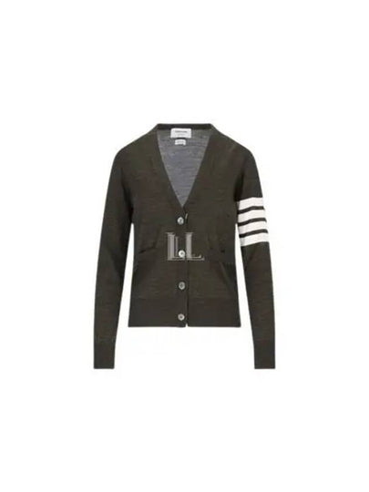 Sustainable Fine Merino Wool 4-Bar Relaxed Fit V-Neck Cardigan Dark Green - THOM BROWNE - BALAAN 2