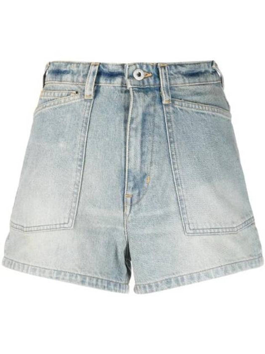 Women's Logo Patch Stone Washed Denim Shorts Blue - KENZO - BALAAN 1