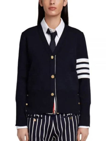 Milano Stitch 4 Bar Classic V Neck Fine Merino Wool Cardigan Navy - THOM BROWNE - BALAAN 2