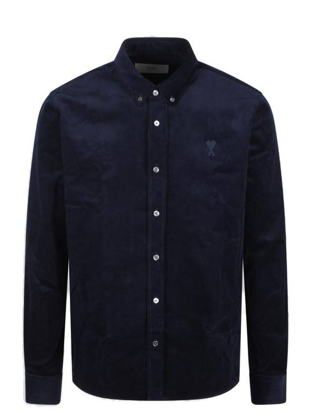 Embroidered Logo Corduroy Velvet Long Sleeve Shirt Navy - AMI - BALAAN 1