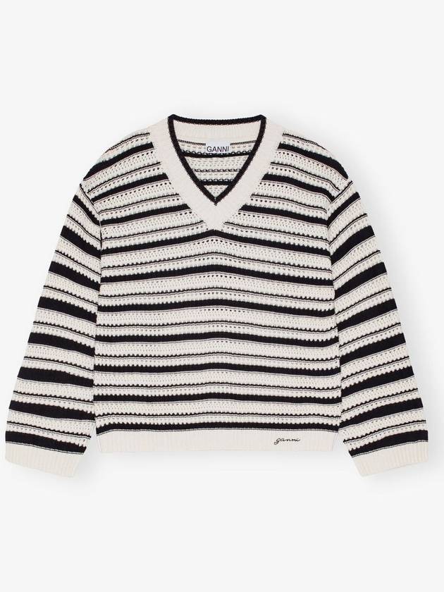 Striped V-Neck Open Knit Top - GANNI - BALAAN 2