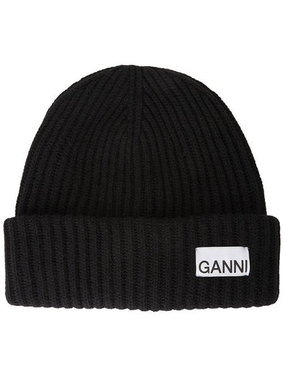 Logo Patch Knit Beanie Black - GANNI - BALAAN 2