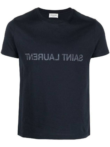 Reverse Logo Print Cotton Short Sleeve T-Shirt Navy - SAINT LAURENT - BALAAN 1