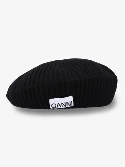 Logo Rib Edge Wool Beret Black - GANNI - BALAAN 2