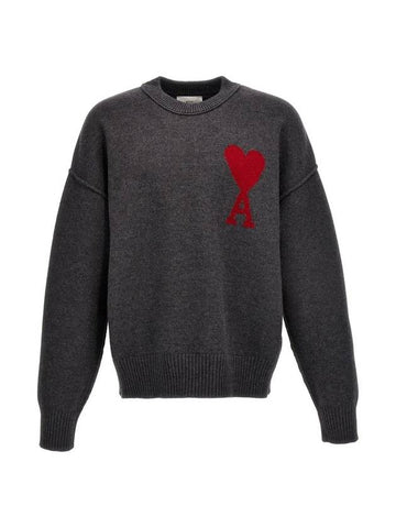 Intarsia Big Heart Logo Wool Knit Top Grey - AMI - BALAAN 1