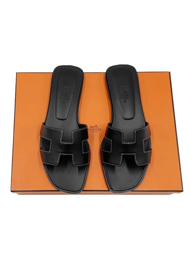 Oran Calfskin Slippers Noir Piqures Ecrues Black - HERMES - BALAAN 2