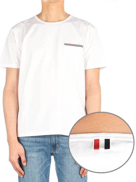 Men's Medium Weight Jersey Tipped Pocket Crewneck Short Sleeve T-Shirt White - THOM BROWNE - BALAAN 2