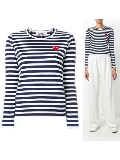 Red Heart Wappen Stripe Long Sleeve T-Shirt White Navy - COMME DES GARCONS - BALAAN 2