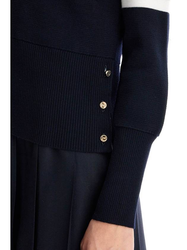 Milano Stitch 4 Bar Classic V Neck Fine Merino Wool Cardigan Navy - THOM BROWNE - BALAAN 5