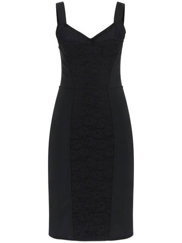 Dolce & Gabbana Bustier Lace Insert Silk Midi Dress Black - DOLCE&GABBANA - BALAAN 1