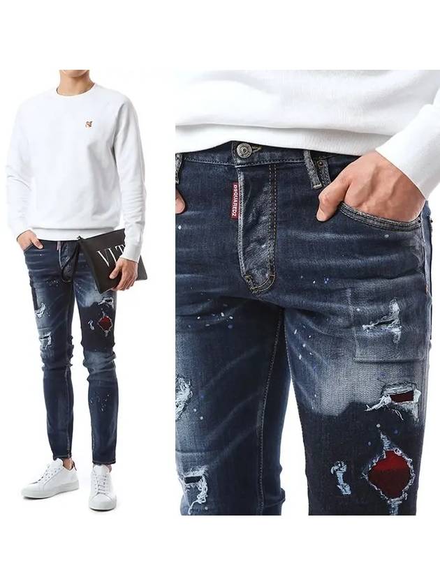 Men's Paint Spot Check Padded Washing Skinny Jeans Blue - DSQUARED2 - BALAAN.