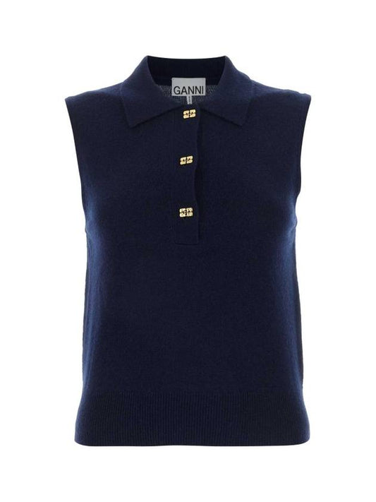 Polo Collar Vest Navy - GANNI - BALAAN 1