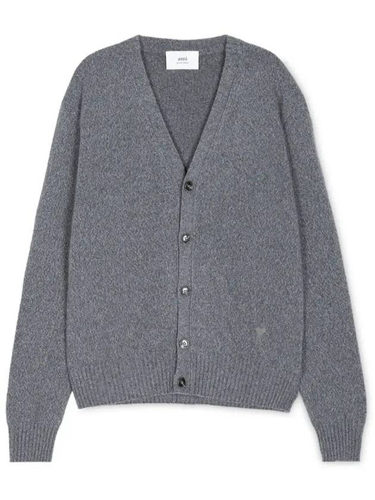 Heart Logo V Neck Cashmere Cardigan Heather Grey - AMI - BALAAN 2