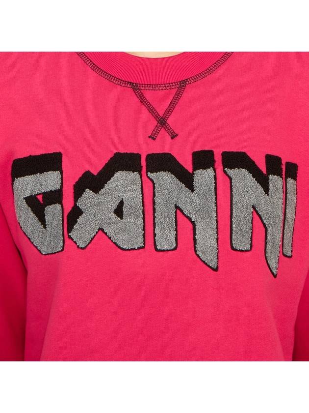 Women's Logo Print Organic Cotton Crop Sweatshirt Dark Pink - GANNI - BALAAN 9