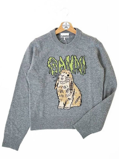 Graphic Wool Mix Bunny Crewneck Knit Top Grey - GANNI - BALAAN 2