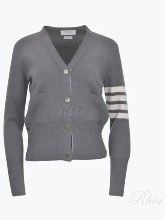 Milano Stitch 4 Bar Classic V Neck Fine Merino Wool Cardigan Medium Grey - THOM BROWNE - BALAAN 2