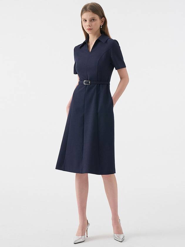 Women's Colia Open Collar Belted Midi Dress Navy - AME - BALAAN 4