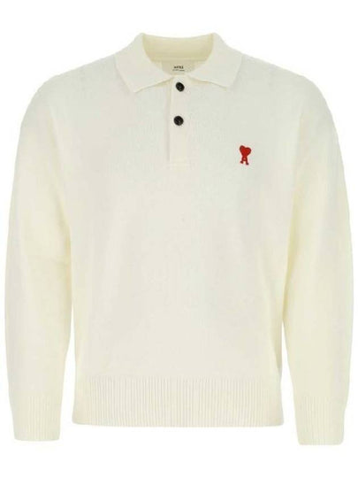 Small Heart Extra Fine Merino Wool Polo Shirt White - AMI - BALAAN 2