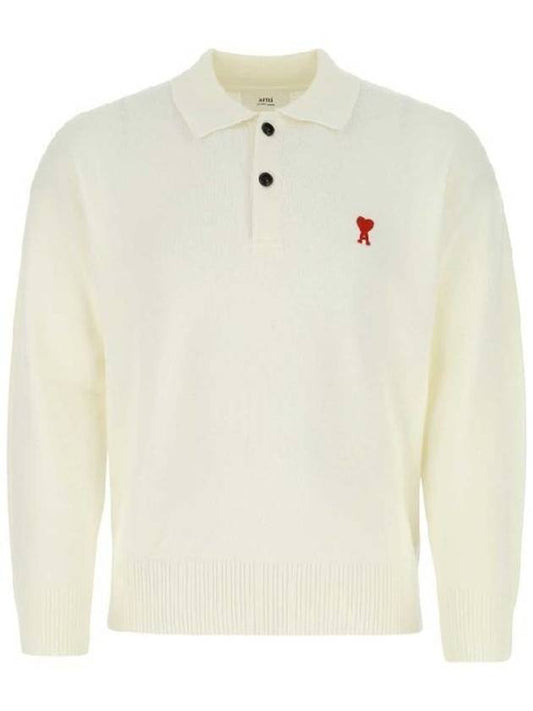 Small Heart Extra Fine Merino Wool Polo Shirt White - AMI - BALAAN 2