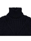 Women's Irish Pointel Cable Merino Wool 4 Bar Turtleneck Navy - THOM BROWNE - BALAAN.