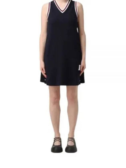 Women's Classic Pique Stripe V-Neck Cotton Tennis Dress Navy - THOM BROWNE - BALAAN 2