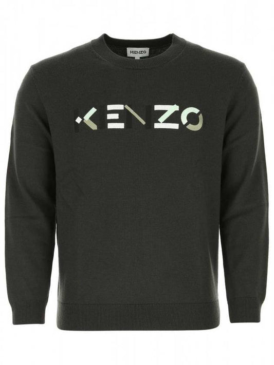 logo embroidered wool knit top dark gray - KENZO - BALAAN.