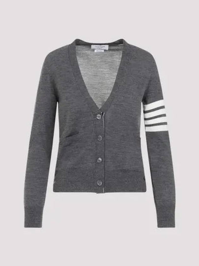 Sustainable Fine Merino Wool 4-Bar Relaxed Fit V-Neck Cardigan Medium Grey - THOM BROWNE - BALAAN 2