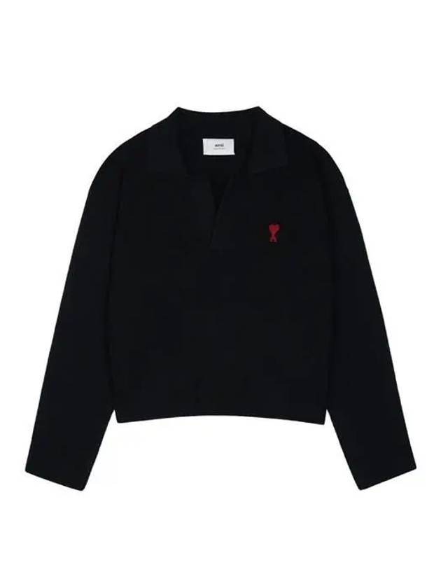 Small Heart Long Sleeve Polo Shirt Black - AMI - BALAAN 2