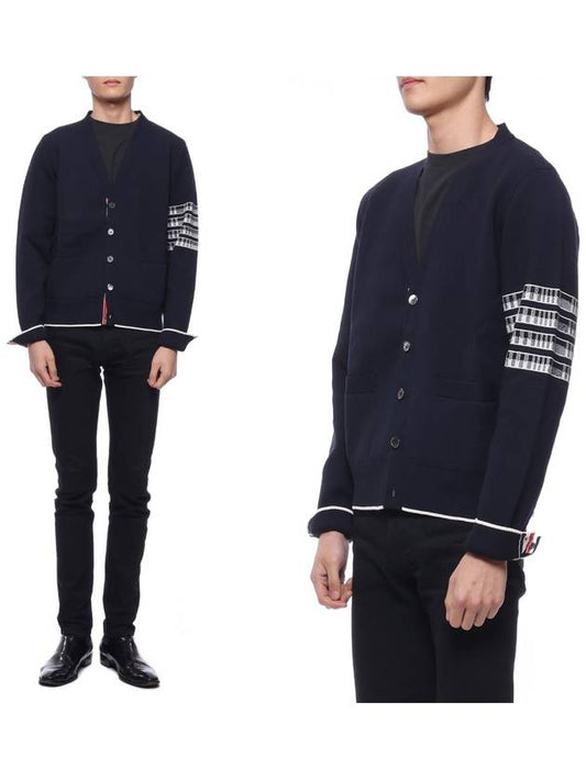 Men's Diagonal Plain Jacquard V-Neck Cardigan Navy - THOM BROWNE - BALAAN 2