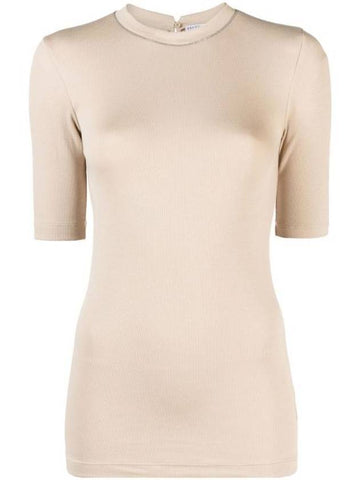 Women's Monilli Trimmed Knit Short Sleeve T-Shirt Beige - BRUNELLO CUCINELLI - BALAAN 1