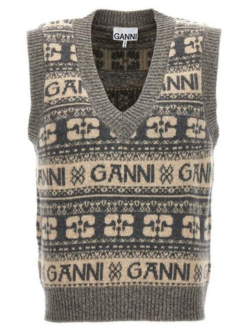 Multi Logo Striped Knit Vest Grey - GANNI - BALAAN 1