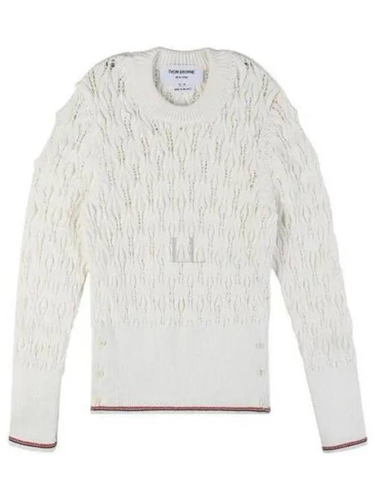 Pointelle Tipping Crew Neck Pullover Knit Top White - THOM BROWNE - BALAAN 2