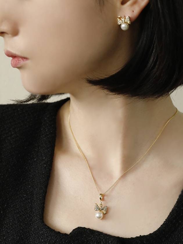 Ribbon Pearl Cubic Necklace Gold - SOSOO - BALAAN 4