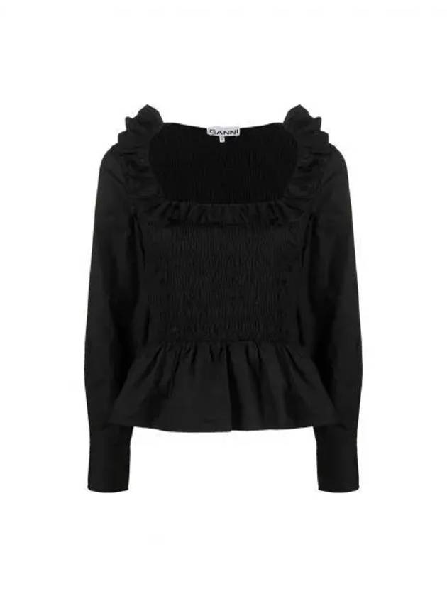 Poplin Ruffled Smoked Cotton Blouse Black - GANNI - BALAAN 2